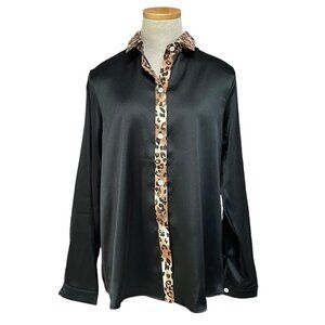 Mine Free Blouse NWT Long Sleeve Button Up Leopard Print Black Size Small S